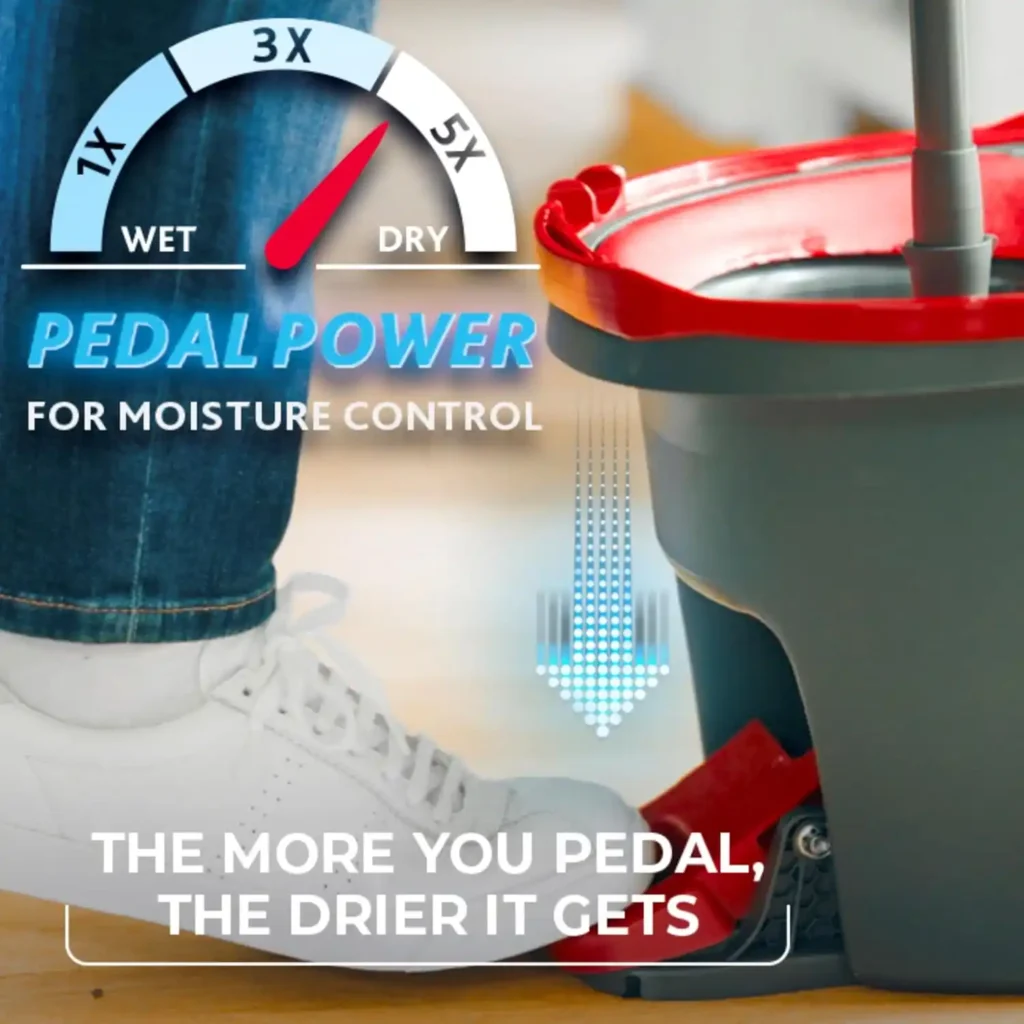 O-Cedar pedal power moisture control meter showing wet to dry settings for floor cleaning.