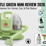 Bissell Little Green Mini 4075 portable carpet cleaner review 2026 showing product features, 16oz capacity, and 4 inch tough stain tool.