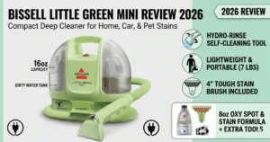 Bissell Little Green Mini 4075 portable carpet cleaner review 2026 showing product features, 16oz capacity, and 4 inch tough stain tool.