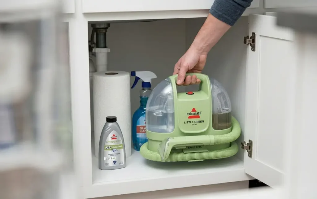 Bissell Little Green Mini Review 2026: Is This Portable Cleaner Still the Best? 4 The compact 7 pound Bissell Little Green Mini portable carpet cleaner stored easily inside a small bathroom cabinet under the sink.