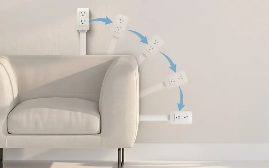 Diagram showing the electrical outlet extender stick rotating 180 degrees to fit perfectly behind a couch.