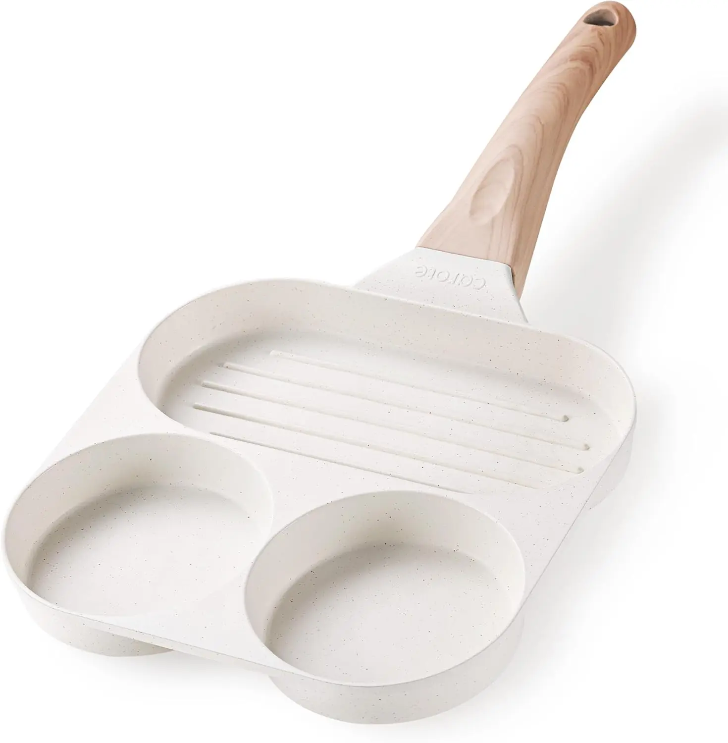 Home 20 White non-stick frying pan with three divided sections for eggs and grilling.