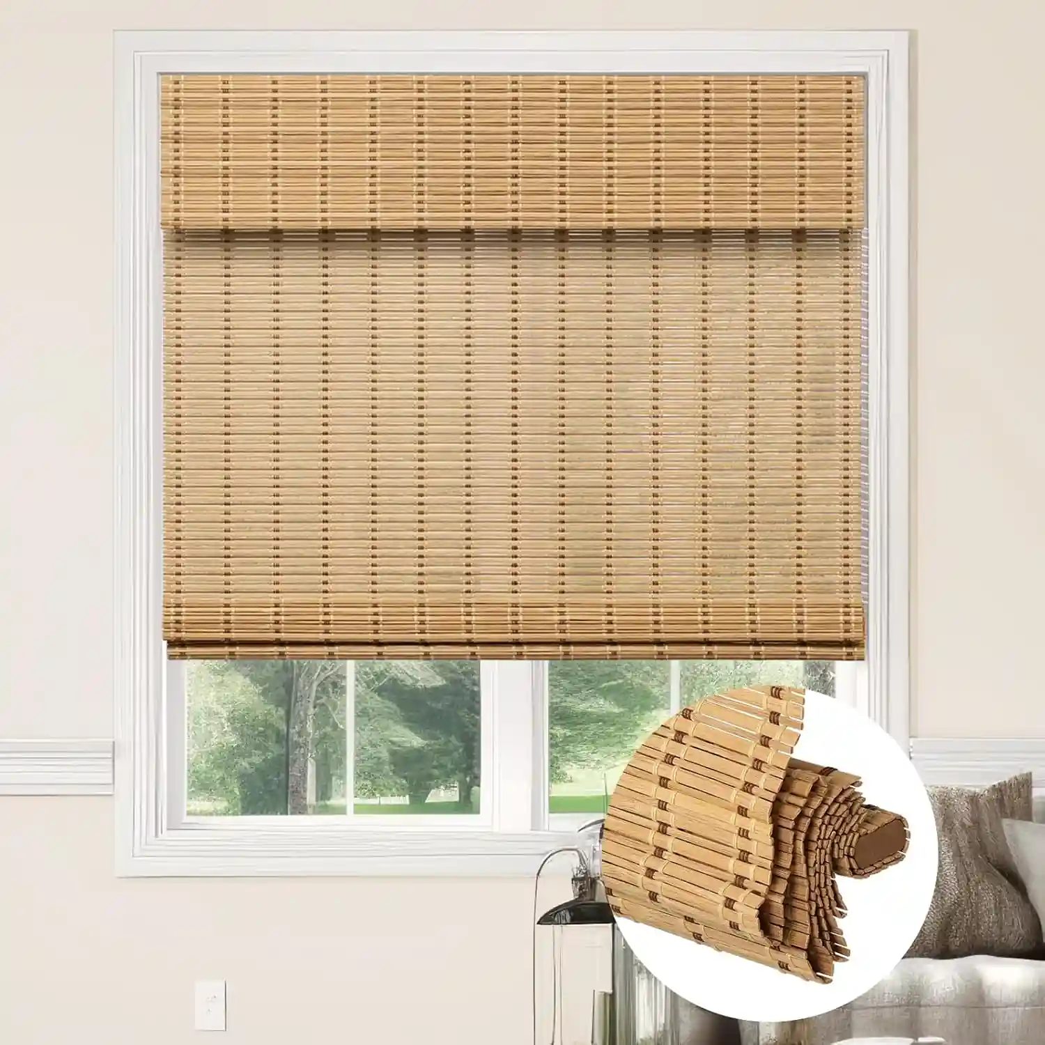 Home 21 Light brown textured bamboo window shades installed in a bright living room.