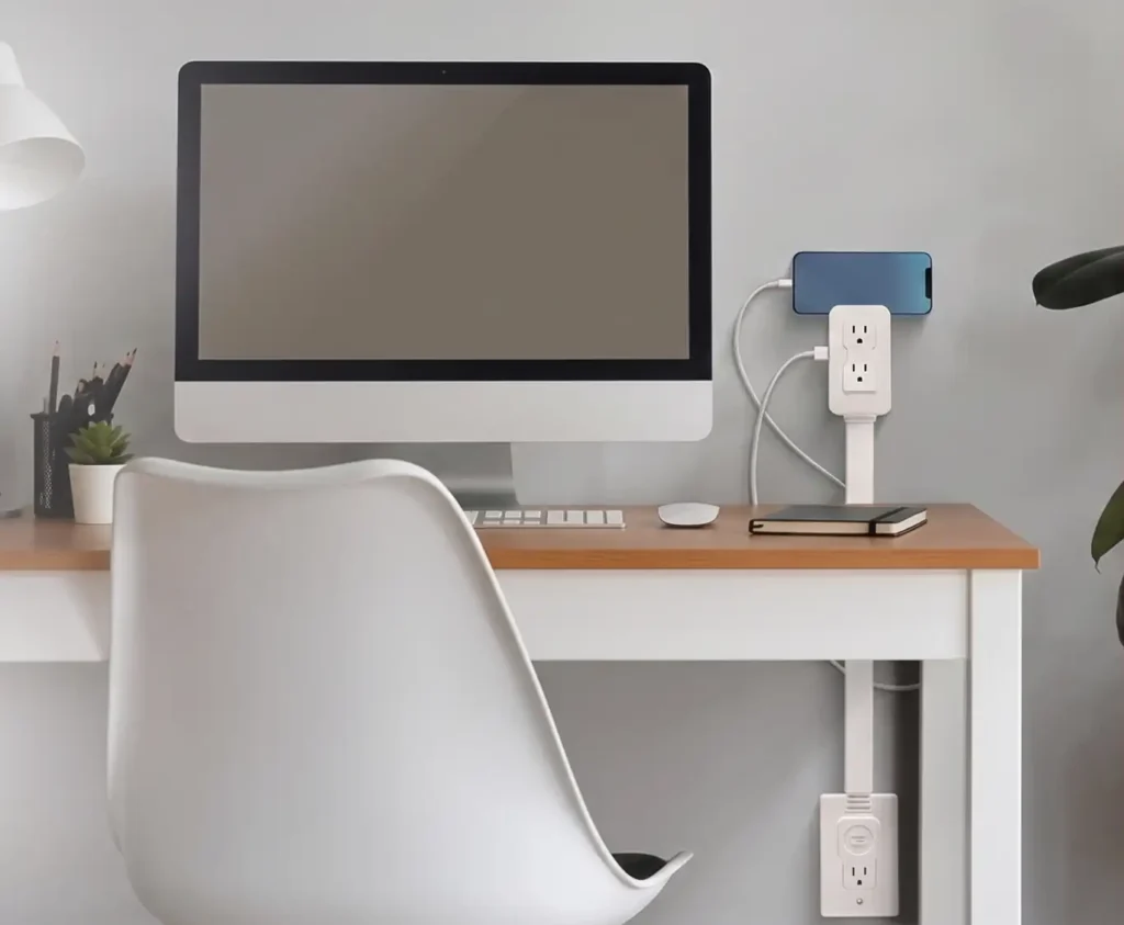 An electrical outlet extender mounted on an office wall with a smartphone resting on its built-in charging ledge.