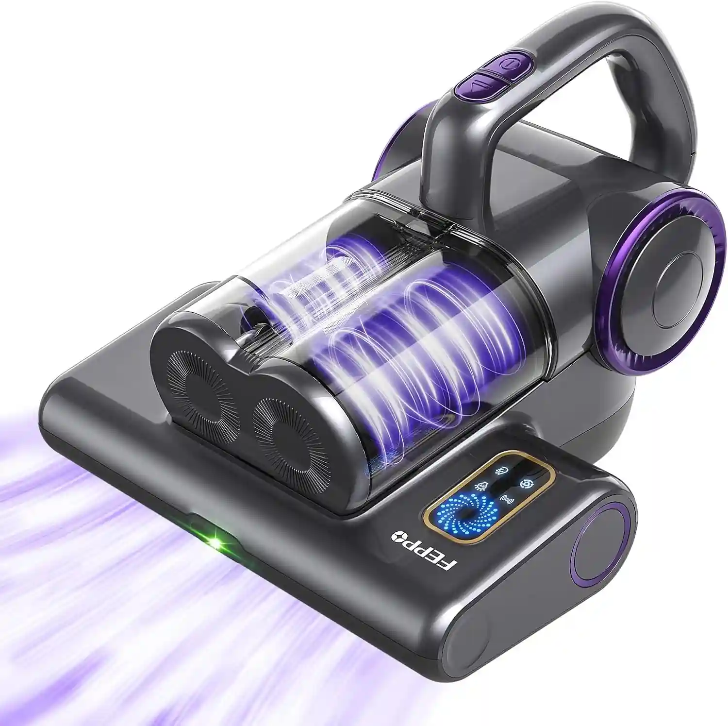 Home 15 Handheld purple and black vacuum cleaner designed for deep cleaning mattresses.