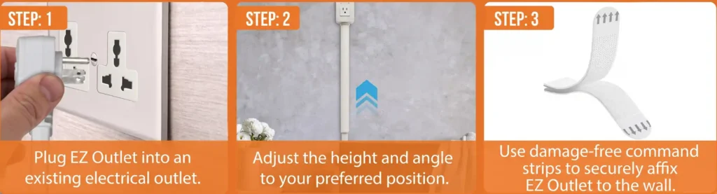 A 3-step instructional guide showing how to plug in and secure the outlet extender stick using adhesive strips.