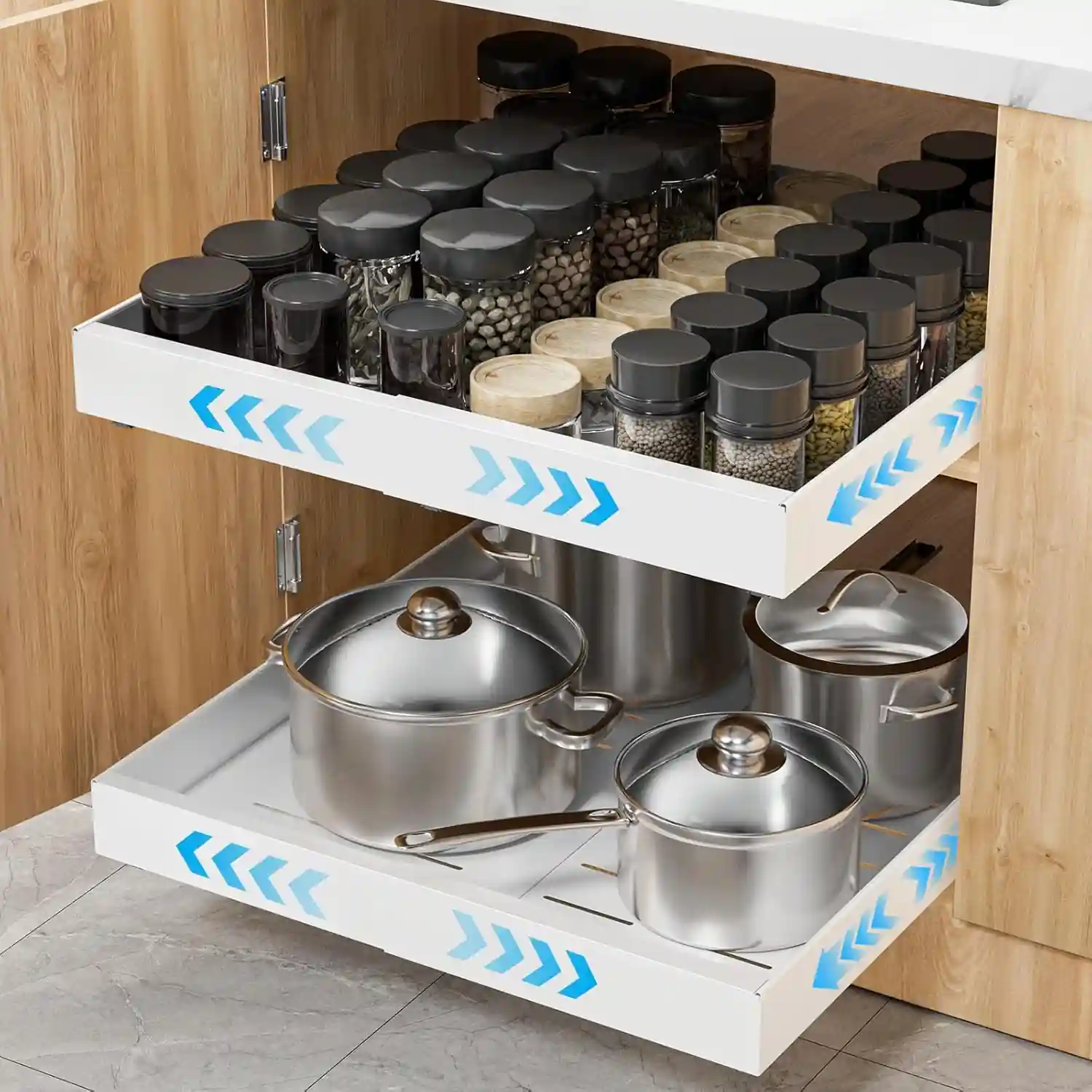 Home 13 White metal pull-out sliding drawer system installed inside a kitchen cabinet.