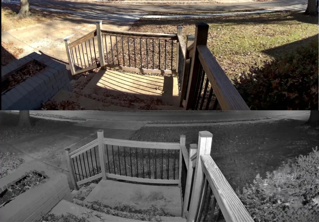 Comparison of 2K plus resolution day and night vision footage from the Reolink doorbell camera without subscription.