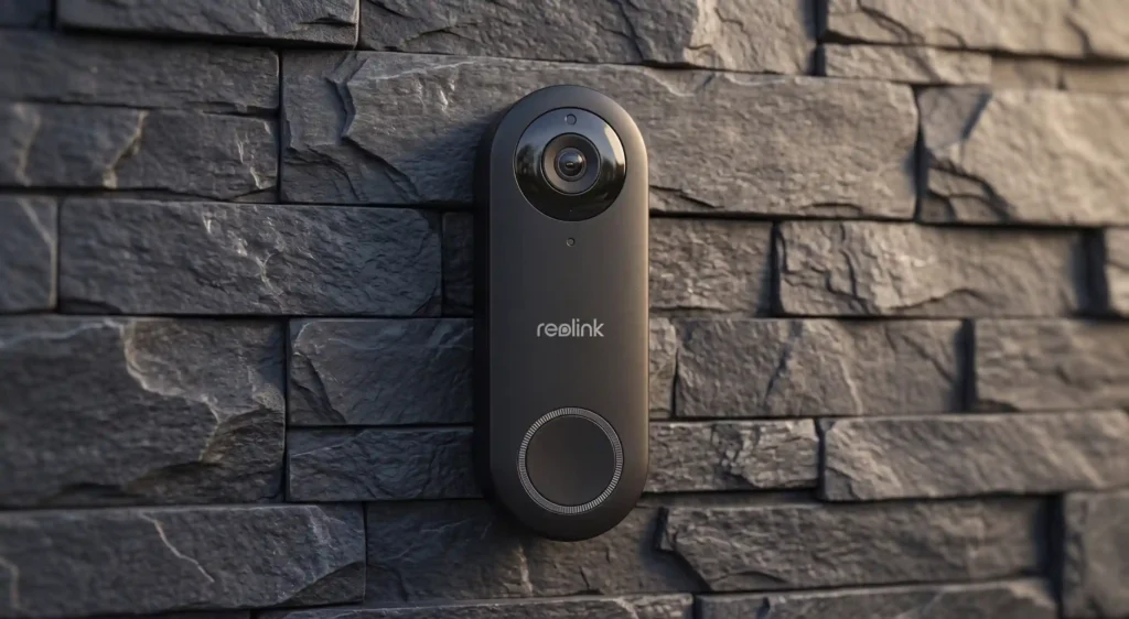 Reolink no monthly fee doorbell camera installed on a modern grey stone wall entryway.