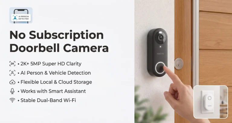 Reolink Video Doorbell Review showing the best doorbell camera without subscription in 2026 installed on a modern home.