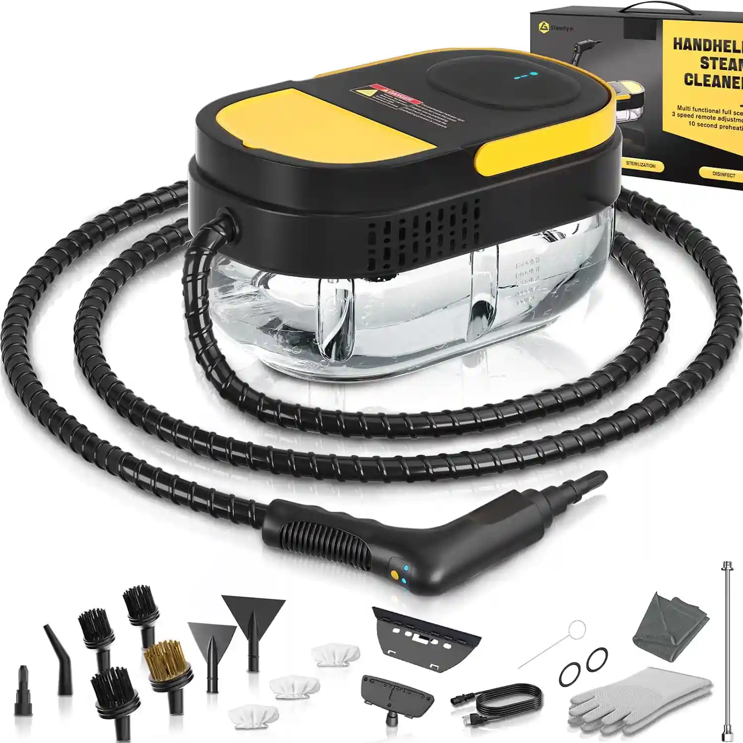 Home 11 Yellow and black portable steam cleaner with various nozzle and brush attachments.