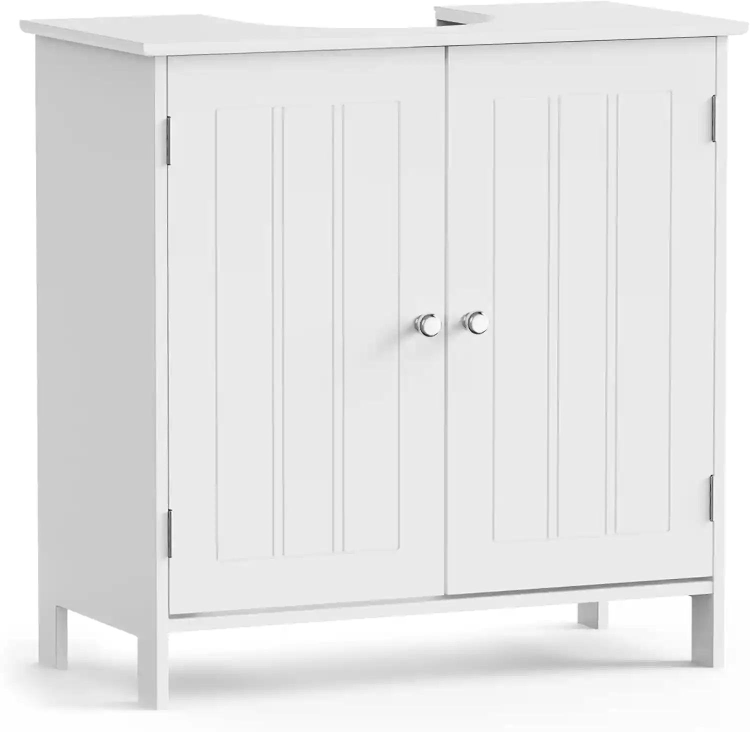 Home 10 Small white wooden vanity cabinet with double doors for bathroom organization.